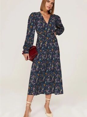 Derek Lam Navy Floral V-Neck Long Sleeve Midi Dress size IT 38 US 2